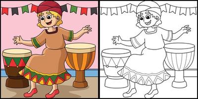 Kwanzaa-Mädchen, das Djembe-Färbungsillustration spielt vektor