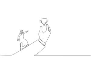 Illustration eines arabischen Mannes, der mit voller Anstrengung rennt, um den Trophäenpokal in der riesigen Hand zu erreichen. Metapher für Motivation, um das Ziel zu erreichen, kleiner Gewinn, um Mitarbeiter zu motivieren. Kunst im Stil einer Linie vektor