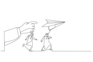 karikatur eines arabischen geschäftsmannes läuft zum papierplan. Metapher für Anweisung befolgen. Kunststil mit durchgehender Linie vektor