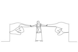 karikatur einer muslimischen geschäftsfrau, die sich dem druck von zwei zeigenden riesigen hand widersetzt. Kunst im Stil einer Linie vektor