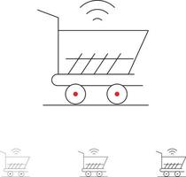 Trolley Cart Wifi Shopping Fett und dünne schwarze Linie Icon Set vektor