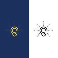 Bewusstsein Ohr hören Anhören hören Symbole flach und Linie gefüllt Icon Set Vektor blauen Hintergrund