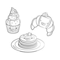 Umrisszeichnung von Muffins, Croissants, Pfannkuchen mit Sirup und Beeren. Schwarz-Weiß-Vektor-Symbol niedliche Illustration. Aufkleber kawaii Cartoon-Logos. Dessert-Konzept. vektor