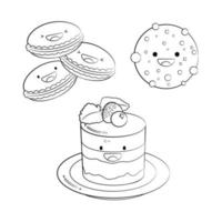 Umrisszeichnung von Keksen, Makronen, mit Beeren dekoriertem Kuchen. Vektor-Symbol niedliche Illustration Schwarz-Weiß-Vektor-Symbol niedliche Illustration. Aufkleber kawaii Cartoon-Logos. Dessert-Konzept. vektor