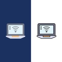 Laptop-Computer-Signal-WLAN-Symbole flach und Linie gefüllt Symbolsatz Vektor blauer Hintergrund