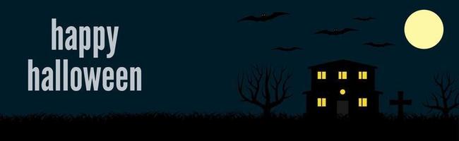 Fröhliches Halloween-Banner mit einem einsamen Haus und Fledermäusen auf dem Hintergrund des Vollmonds in der Nacht. Vektor-Illustration. vektor