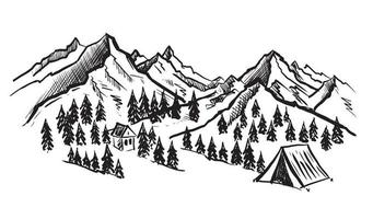 skizzieren sie camping in der natur, berglandschaft, vektorillustrationen. vektor