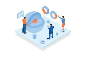Konzeptvorlage mit Kugel mit ausgeschnittenem Stück, umgeben von Analysten. szene für die zukunft der materialanalyse oder forschung, nanotechnologie, isometrische vektormoderne illustration vektor
