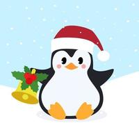 pingvin i santa claus röd jul hatt med jul klocka. vinter- bakgrund. vektor illustration.
