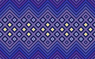 geometrisches ethnisches Muster, Vektorstickereischablonenhintergrund, violettes und gelbes Pixelmusterdesign vektor