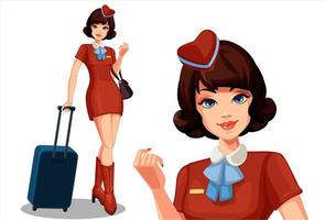 junge schöne Stewardess mit Koffer vektor
