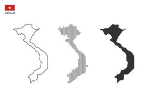 3 Versionen des Vietnam-Kartenstadtvektors durch dünnen schwarzen Umriss-Einfachheitsstil, schwarzen Punktstil und dunklen Schattenstil. alles im weißen Hintergrund. vektor