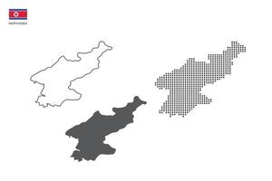 3 Versionen des Nordkorea-Kartenstadtvektors durch dünnen schwarzen Umriss-Einfachheitsstil, schwarzen Punktstil und dunklen Schattenstil. alles im weißen Hintergrund. vektor
