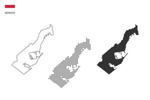 3 Versionen des Monaco-Kartenstadtvektors durch dünnen schwarzen Umriss-Einfachheitsstil, schwarzen Punktstil und dunklen Schattenstil. alles im weißen Hintergrund. vektor