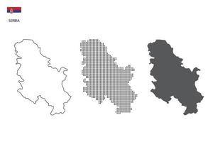 3 Versionen des Serbien-Kartenstadtvektors durch dünnen schwarzen Umriss-Einfachheitsstil, schwarzen Punktstil und dunklen Schattenstil. alles im weißen Hintergrund. vektor