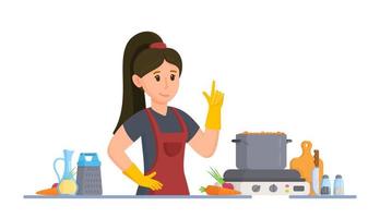 vektor illustration av hemmafru. en flicka framställning soppa i de kök. mat på Hem.