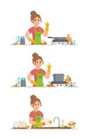 vektor illustration av hemmafru uppsättning. de flicka, matlagning, stekning, tvättning maträtter i de kök.
