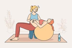 Trainerin hilft schwangeren Frauen, sich auf dem Fitball zu bewegen, Sport zu treiben und sich auf den Mutterschaftsurlaub vorzubereiten. Trainer Training Trainieren Sie mit der zukünftigen Mutter. Schwangerschaft und körperliche Aktivität. Vektor-Illustration. vektor