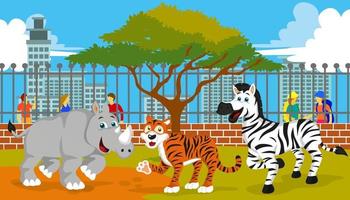 Illustration von Tigern, Zebras und Nashörnern im Zoo, geeignet für Kindergeschichtenbücher, Poster, Websites, mobile Anwendungen, Spiele, T-Shirts und mehr vektor