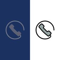 Anruf beantworten Telefonsymbole flach und Linie gefüllt Icon Set Vektor blauen Hintergrund