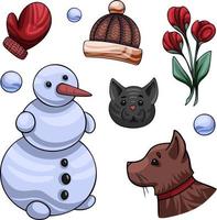 en uppsättning av vinter- föremål, söt klistermärken med en snögubbe och värma kläder och djur vektor