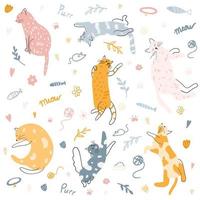 uppsättning av hand dragen söt färgrik katter. vektor illustration av kattungar, rolig djur- för affisch, tyg skriva ut, barn textil, kort design