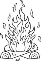 ein brennendes Lagerfeuer mit Brennholz auf weißem Hintergrund. vektorillustration des feuers. Cartoon-Lagerfeuer. Lagerfeuer-Camp. Cartoon-Illustration für ein Lagerfeuer. Schwarz-Weiß-Darstellung. vektor