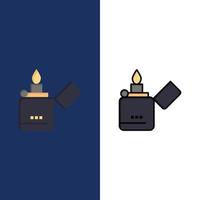 Feuerzeug Rauchen Zippo Symbole flach und Linie gefüllt Symbolsatz Vektor blauen Hintergrund