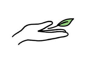 eine Hand mit einem grünen Blatt. co2-konzept des klimawandels. Recycling. Vektor isoliertes Gekritzel