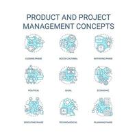 produkt- und projektmanagement türkisfarbene konzeptsymbole gesetzt. von der produktion bis zur werbeidee dünne linienillustrationen. isolierte Symbole. editierbarer Strich. vektor