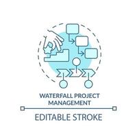 Symbol für das türkisfarbene Konzept des Wasserfallprojektmanagements. schritt für schritt arbeitsstil abstrakte idee dünne linie illustration. isolierte Umrisszeichnung. editierbarer Strich. vektor