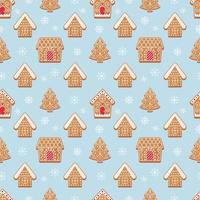 weihnachtslebkuchen nahtloses muster. Lebkuchenbäume und -häuser auf einem blauen schneebedeckten Hintergrund. Vektor-Illustration vektor