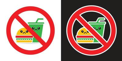 Nej mat och dryck tillåten tecknad serie söt tecken, isolerat på vit och svart bakgrund. förbud symbol. vektor