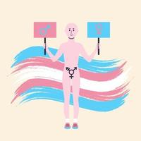 transgender-person, die plakate mit männlichen und weiblichen symbolen vor dem hintergrund der schwenkenden transgender-flagge hält. geschlechtsidentität, geschlechtswahl, geschlechtsübergang, geschlechtsselbstbestimmungskonzept. vektor