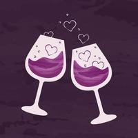 två glasögon av vin med liten hjärtan. hjärtans dag hälsning kort. modern design för romantisk datum, alla hjärtans dag, fest, inbjudningar, affischer, broschyrer, banderoller. vektor platt illustration
