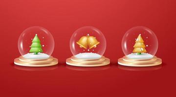 3D-Weihnachtsdekoration aus Glas-Schneekugel mit goldenem Podium unter transparenter Glaskuppel mit weißem Schnee, goldener Weihnachtsbaum, isoliert auf rotem Hintergrund vektor