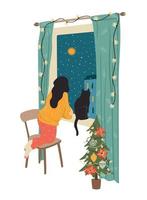weihnachten und frohes neues jahr isolierte illustration. Frau, die aus dem Fenster schaut. Vektor-Design-Vorlage. vektor