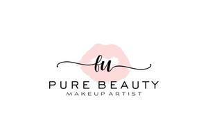 vorgefertigtes Logo-Design für anfängliche Fu-Aquarell-Lippen, Logo für Make-up-Künstler-Business-Branding, Blush-Beauty-Boutique-Logo-Design, Kalligrafie-Logo mit kreativer Vorlage. vektor
