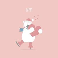 söt och härlig hand dragen teddy Björn kramas hjärta med is skridsko, Lycklig hjärtans dag, kärlek begrepp, platt vektor illustration tecknad serie karaktär kostym design