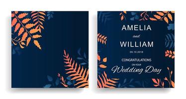 Hochzeitskarten mit Farbverlauf orange und blauen Blättern vektor