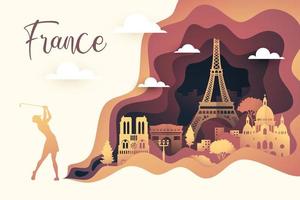 Panorama-Reisewerbung weltberühmter Wahrzeichen von Paris im Papierschnitt-Stil vektor