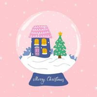 Glas-Schneekugel mit Häuschen, Tanne und Schnee. Symbol für Winterferien. frohe weihnachten und frohe neujahrswünsche. Vektor-Illustration. vektor
