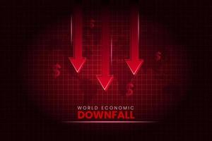 Weltwirtschaftlicher Niedergang roter Hintergrund mit fallendem Pfeil und Weltkarte. vektor