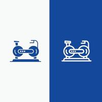 Fahrrad-Heimtrainer-Fitnesslinie und Glyph-Solid-Icon-Blau-Banner vektor