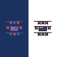 Ammern Partei Dekoration amerikanische Symbole flach und Linie gefüllt Symbolsatz Vektor blauen Hintergrund