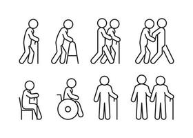 senior äldre människor linje ikon uppsättning. gammal personer med pinne och handikapp. linjär symbol. Inaktiverad vård, hjälp volontär. vektor översikt tecken
