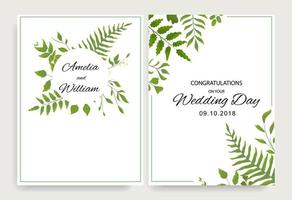 Hochzeitskarten mit grünen Blättern und Rahmen vektor