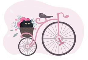 Retro-Vintage-Fahrrad mit einem Blumenkorb und einer schwarzen Katze. illustration im flachen karikaturstil vektor