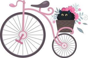 Retro-Vintage-Fahrrad mit einem Blumenkorb und einer schwarzen Katze. illustration im flachen karikaturstil vektor