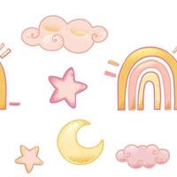 måne, stjärnor och varm luft ballong, mönster i boho tecknad serie stil, sömlös mönster vektor